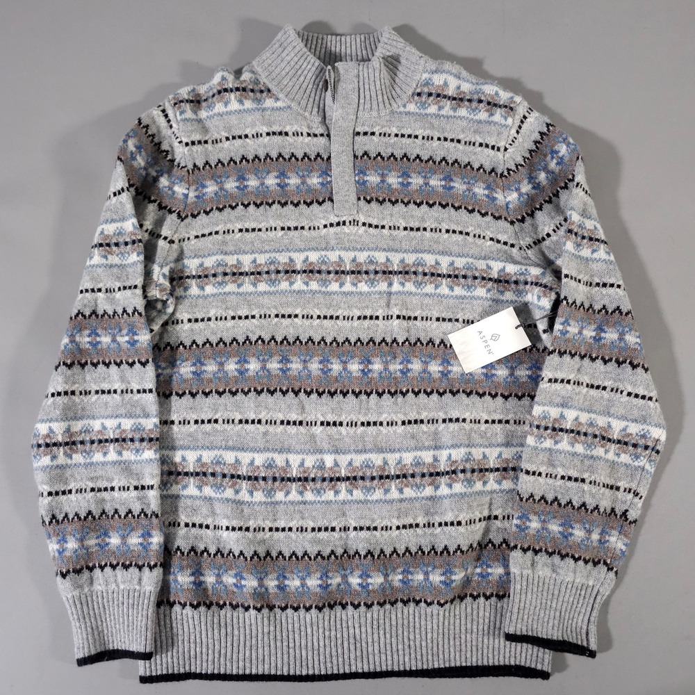 Aspen Quarter Zip Sweater Mens M Grey Fair Isle Merino Wool Blend Pullover